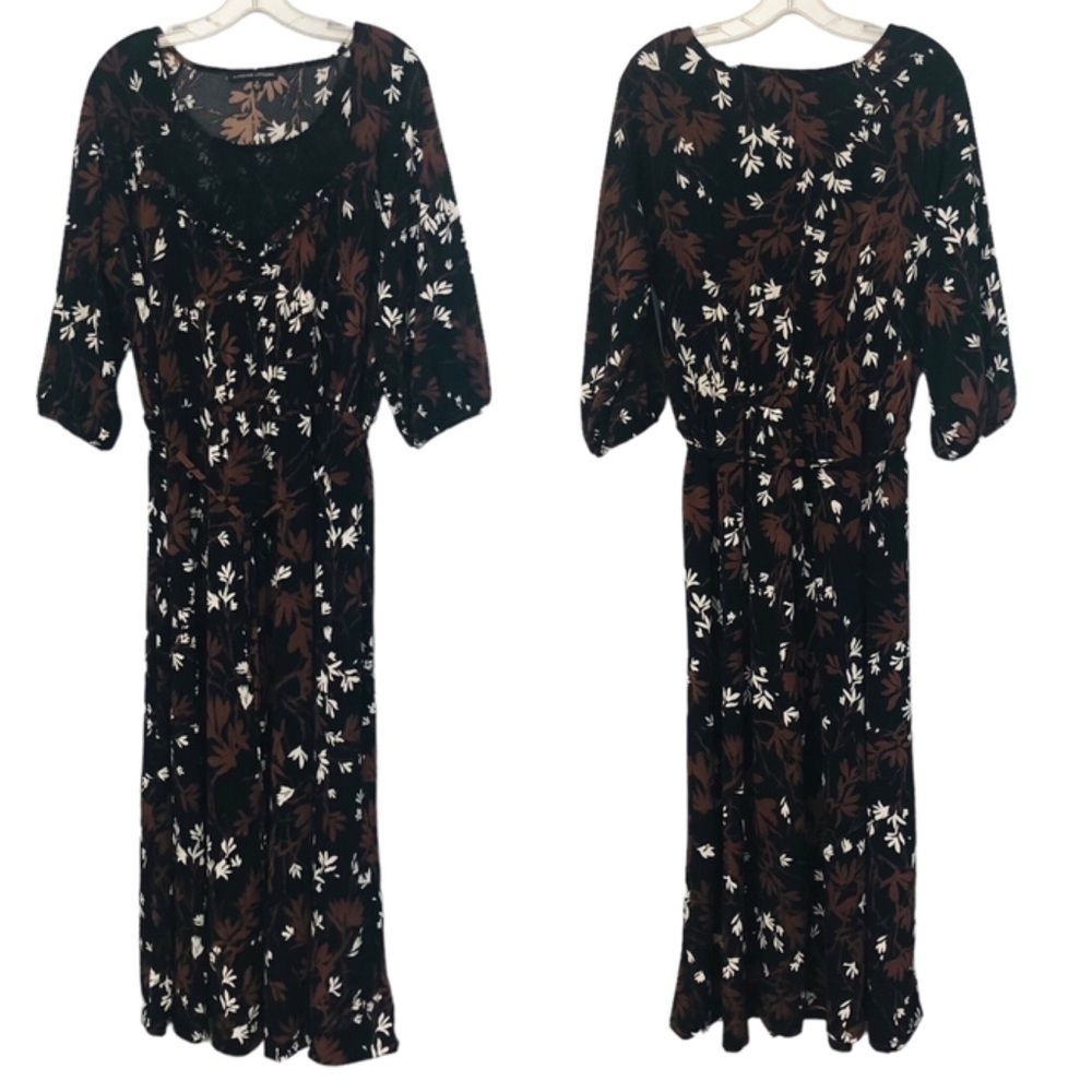 Adrienne Vittadini Prairie Dress Womens XL Rust Black Floral Full Length Peasant